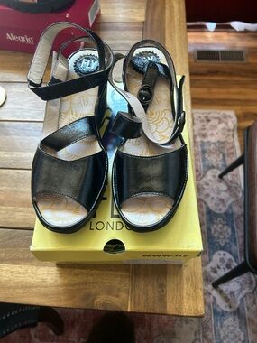 Fly London Black Leather Open-Toe Women's Sandals